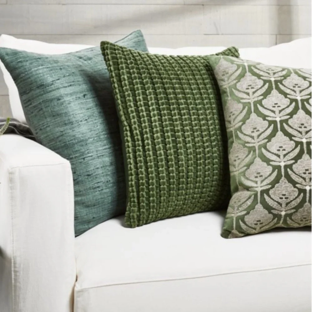 Crate&Barrel Kita Green and Tan Velvet Floral Throw Pillows Set of 2